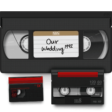Assortment of classic VHS, VHS-C, and other vintage video tapes ready for digitization
